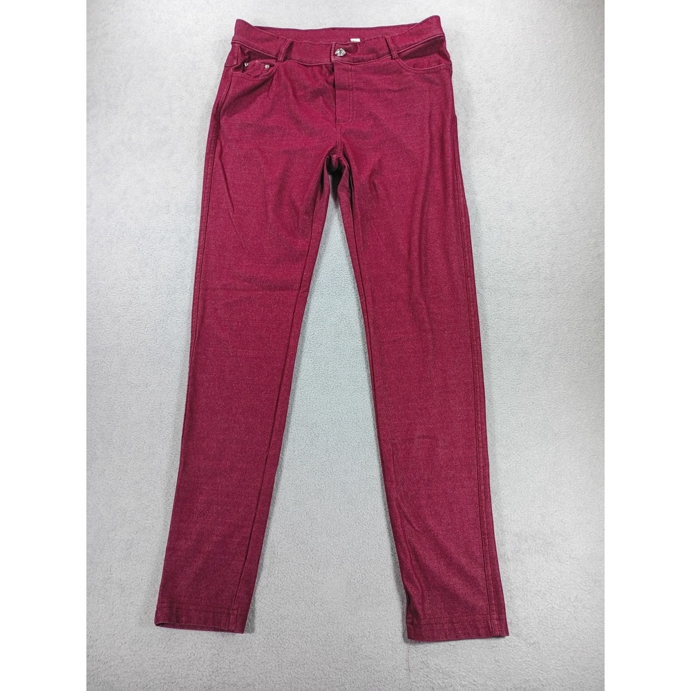 Yelete Womens Stretch Denim Jeggings Burgundy L Rhinestone Detail